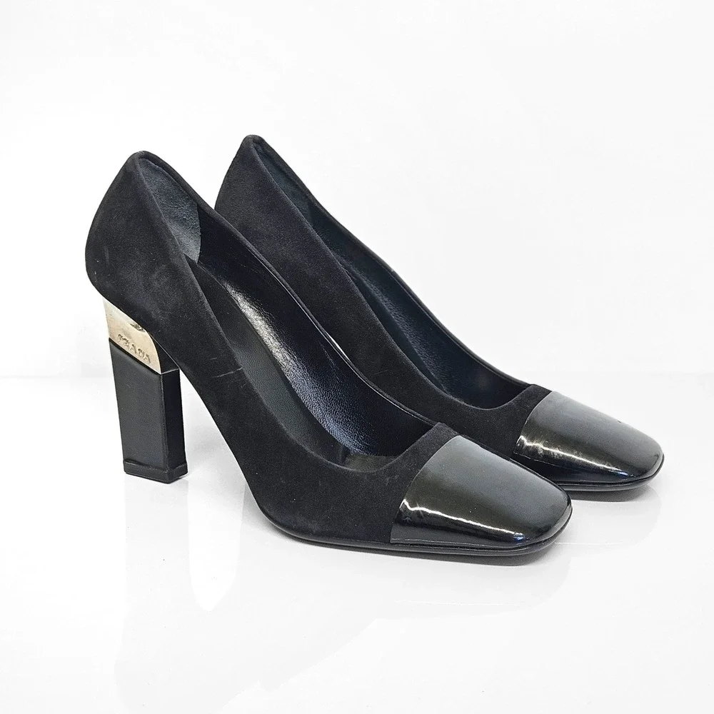 Prada Black Suede Patent Leather Square Toe‎ Block Heel Pumps Silver Accent 36.5